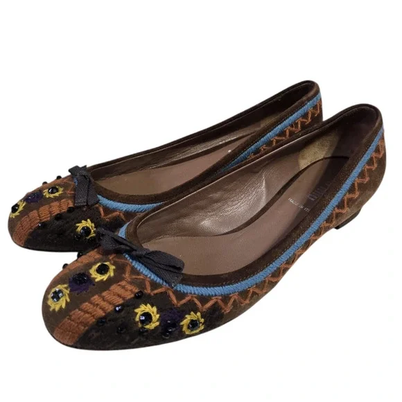 Brown Suede Miu Miu crystal embroidered Kitten heel sz 8 - Picture 3 of 9